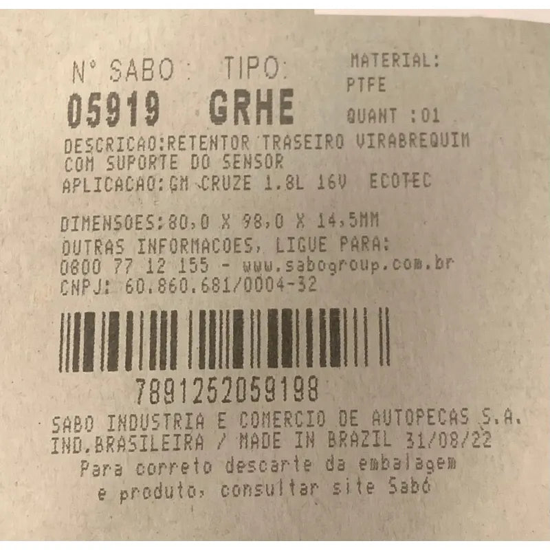 Estopera Cigueñal Trasera Chevrolet Cruze 1.8